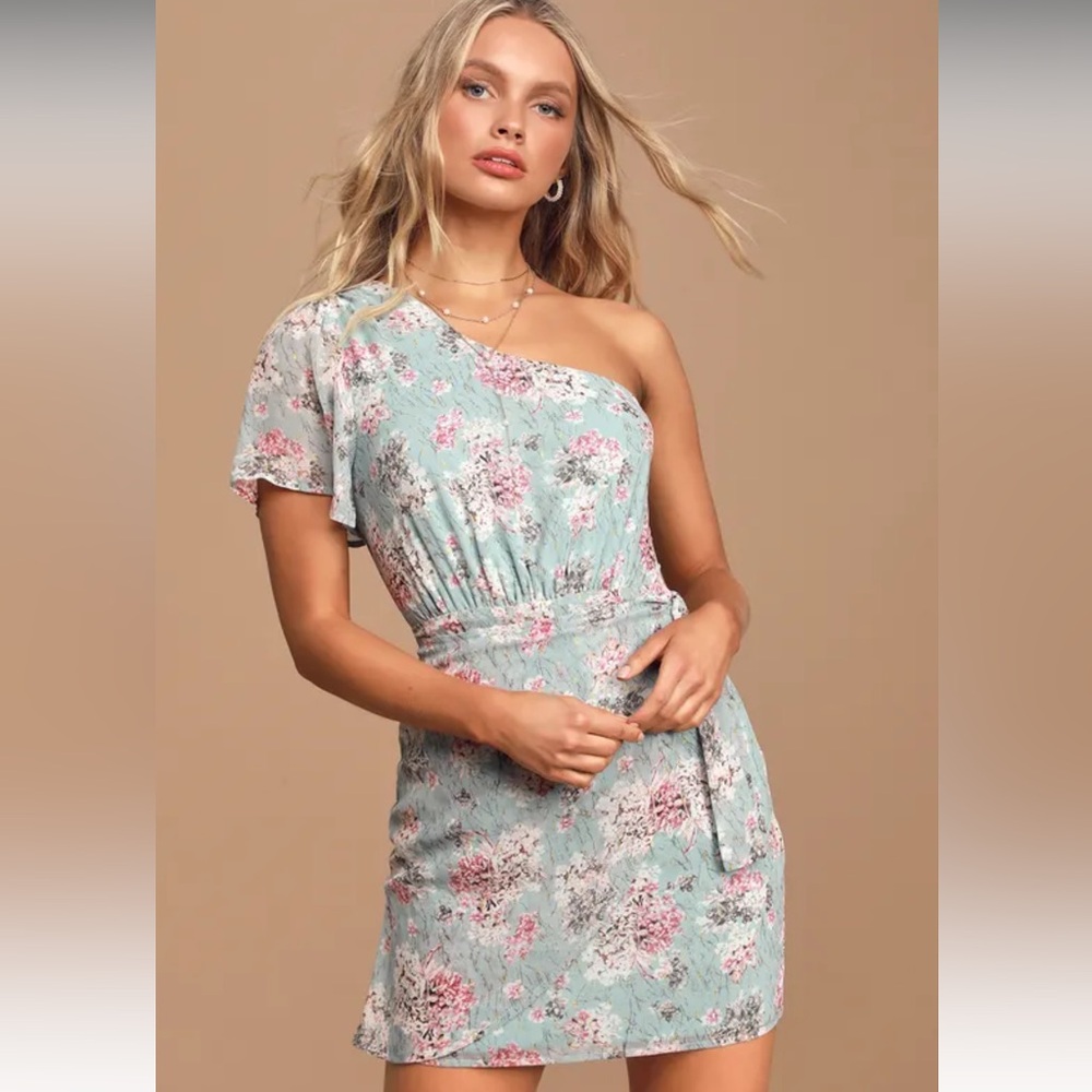 Way To Wow Dusty Blue Floral Print One Shoulder Faux-Wrap Dress